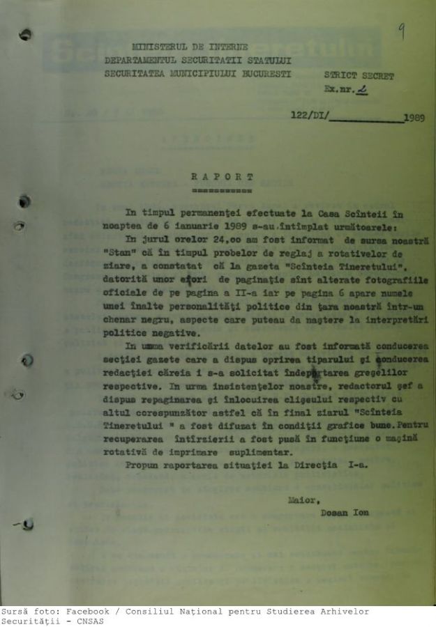 Document istoric din arhivele Securităţii: Gafa de tehnoredactare de la ziarul „Scânteia Tineretului” din ianuarie 1989